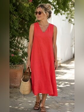 Rosemarine Italy Coral Linen Midi Dress – Size M
